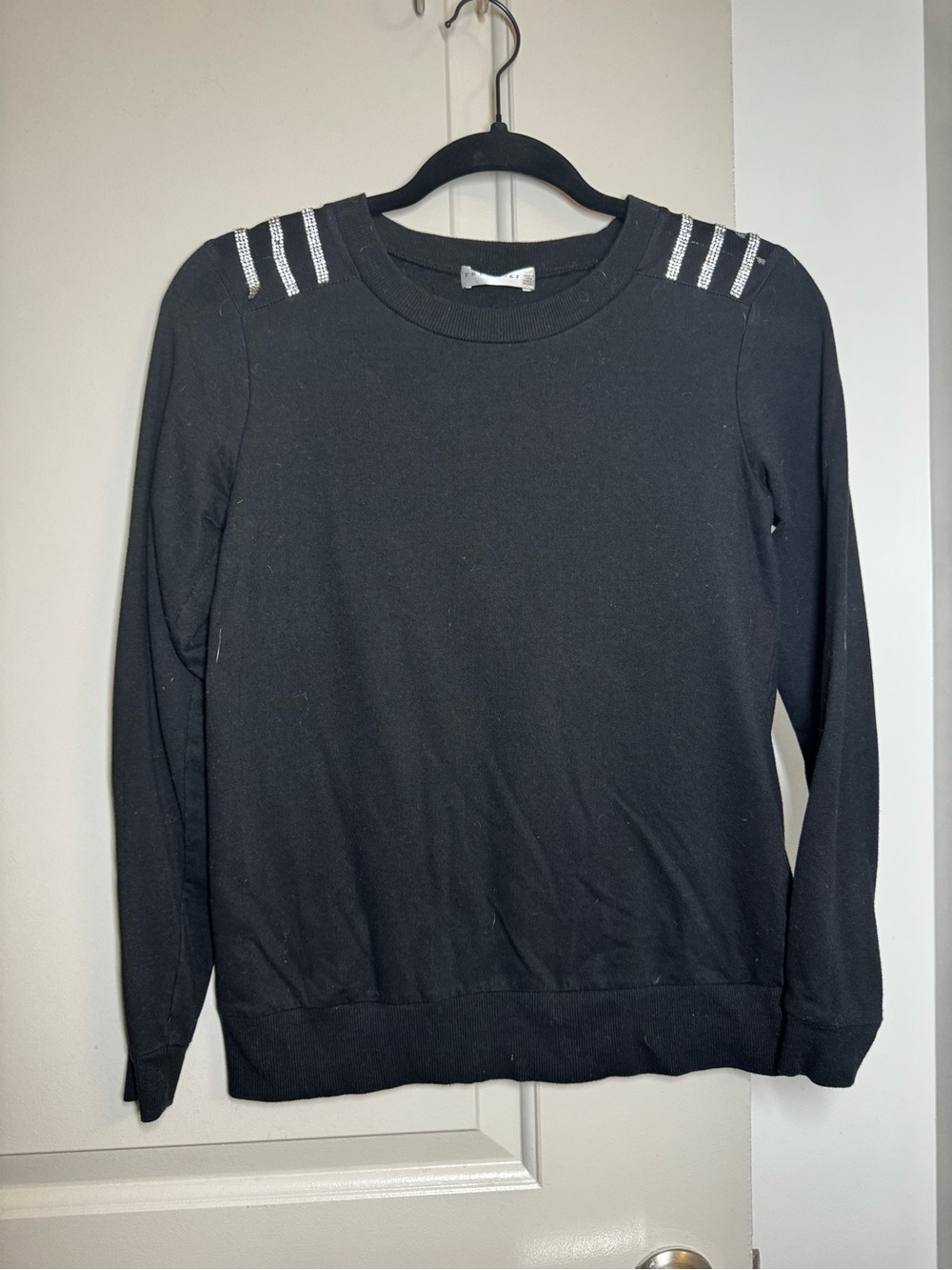 Black Crewneck Sweater with Silver Shoulder Stripes